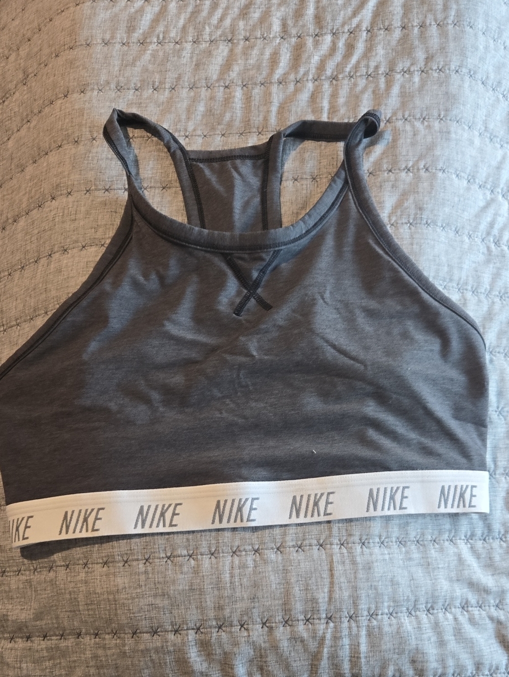 Nike Dark Grey Racerback Sports Bra with White Logo Band